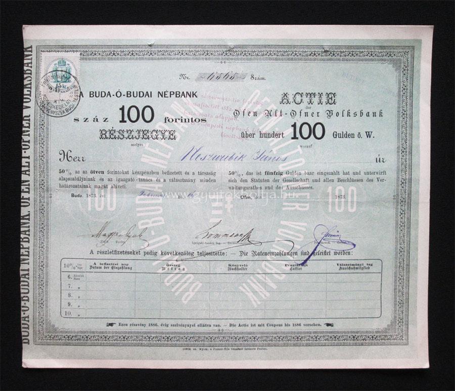 Buda-Óbudai Népbank részjegy 100 forint 1873